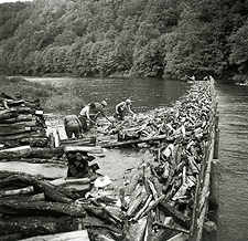 Bois flottés arrêtés par un barrage sur l'Ourthe à Filly en 1942 Bois flottés arrêtés par un barrage sur l'Ourthe à Filly en 1942