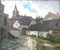 La ferme-chteau et la chapelle castrale vues du Chemin de Sy - Peinture de Henry Thatre (1913-1985) 